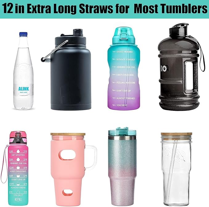 12" Stainless Steel Straws Replacement for Stanley Adventure Quencher 40 oz 30 oz Cup Tumbler, 4 Pack Metal Straws Reusable with Cleaning Brush for Stanley 40 oz & Simple Modern Tumbler with Handle