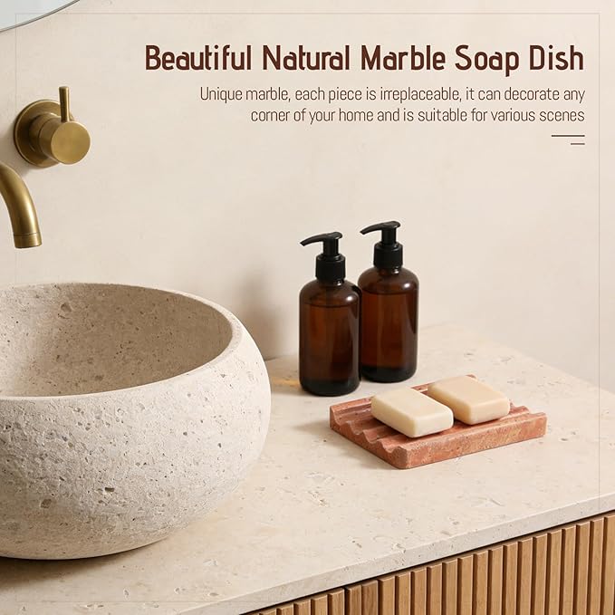 Karibiber Travertine Soap Dish, Red Marble Bar Soap Holder Shower, Bathroom Soaps Saver, Easy Cleaning Natural Stone Sponge Holder for Kitchen Sink, Executive Jewelry Ring Tray