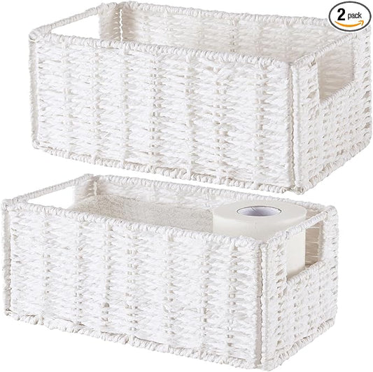 Vagusicc Wicker Storage Basket, Set of 2 Hand-Woven Paper Rope Wicker Basket, Small Storage Baskets for Organizing Toilet Paper Basket, Foldable Large Cube Storage Organizer Bins for Shelves (White)