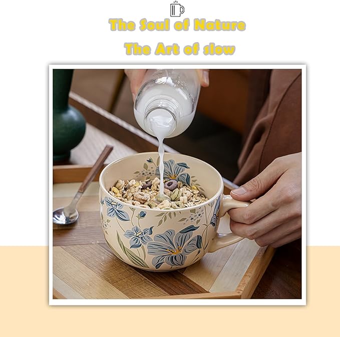 Ceramic Mugs for Men & Women, Unique Microwave & Dishwasher Safe Tea/Coffee Rustic Stoneware Cups for Office & Home (Orchid Breakfast Mug)