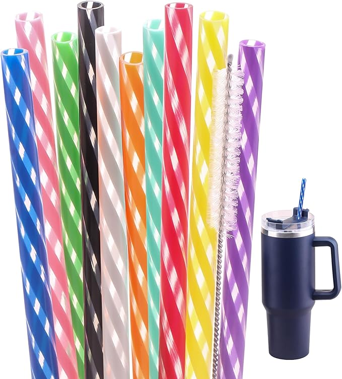 Dakoufish 13 Inch 10 Color Replacement Reusable Drinking Straw for Stanley 64 oz 40 oz 30oz Tumbler,Dishwasher Safe Plastic Straws for Stanley Cup Accessories,Set of 10 with Cleaning Brush