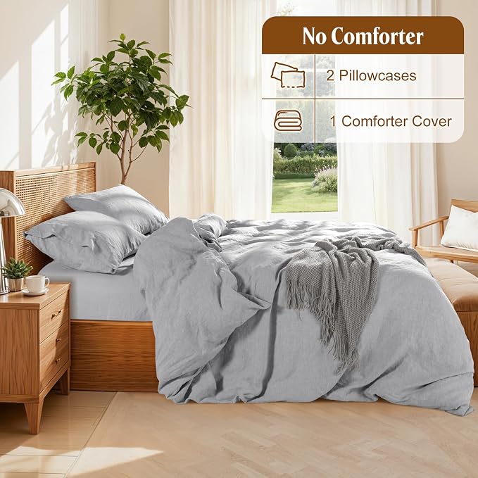 LBRO2M 100% France Linen Duvet Cover Set 3 Pcs Including 1 Flax Comforter Cover with Zipper Closure, 2 Pillowcase, Cozy Duvet Cover King Size, Gray