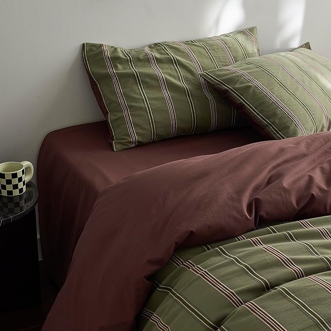 mixinni Vintage Striped Duvet Cover Set Queen – 100% Cotton Reversible Jacquard Bedding Set, Retro Olive Green & Terracotta Comforter Cover, Soft Breathable 3-Piece(1 Duvet Cover+2 Pillowcases)