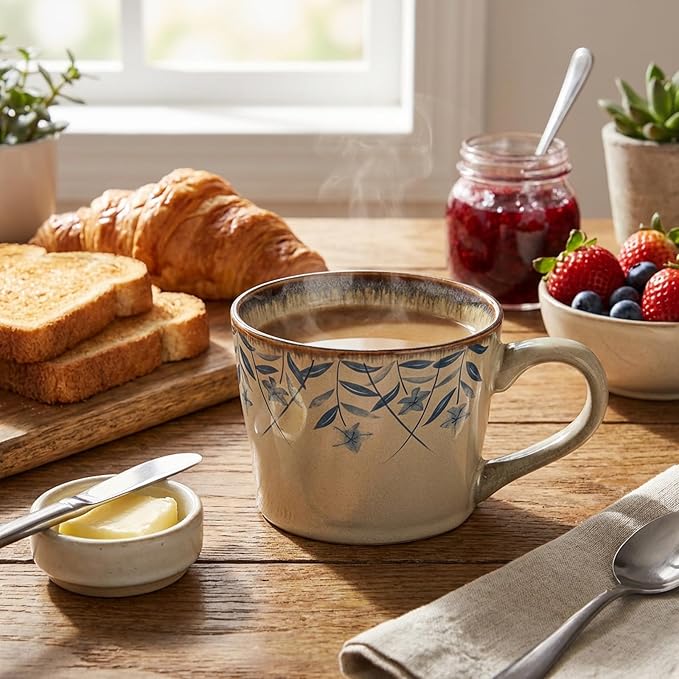 Ceramic Mugs for Men & Women, Unique Microwave & Dishwasher Safe Tea/Coffee Rustic Stoneware Cups for Office & Home (Platycodon flower)