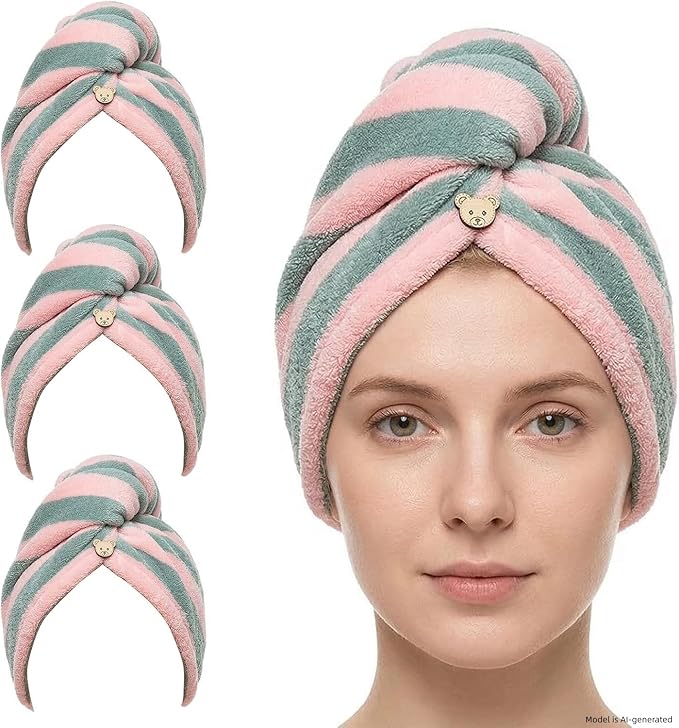 3 Pack Microfiber Hair Towel Wrap for Women, Fast Drying Hair Turban with Button, Anti-Frizz Large Hair Towel for All Hair Styles, Soft & Absorbent Hair Drying Towel
