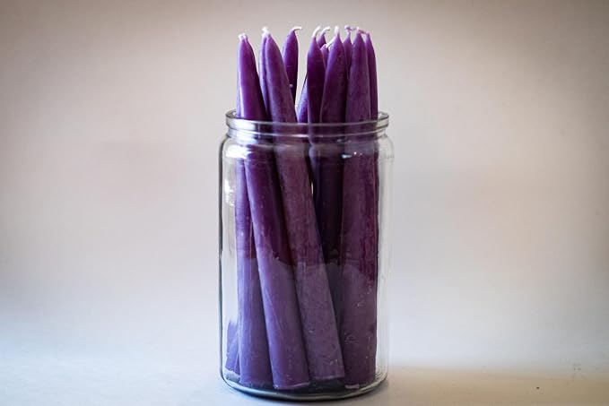 100% Pure Beeswax Taper Candles - All-Natural Handmade Decorative & Dipped Smokeless Unscented Candles for Christmas, Advent, and Hanukkah, Purple Cosmos, 8.5 Inches, 12 Candle Set, by BeeTheLight