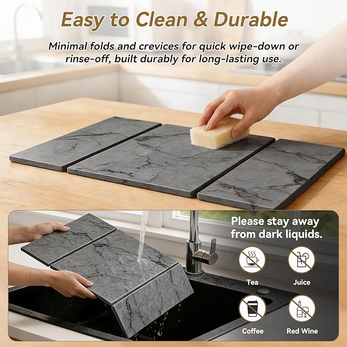 Large Stone Drying Mat for Kitchen Counter, Foldable Quick Dry Dish Drying Mat, 24"x16" Water Absorbent Diatomaceous Earth Mats for Bottles Cups Dishes, Modern Kitchen Essentials (Dark Gray)
