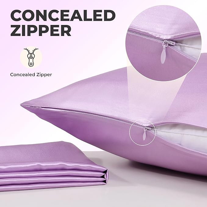 100% Pure Mulberry Silk Pillowcase for Hair and Skin, 6A Grade 22 Momme Silk Pillow Cases with Zipper, Soft Cooling Washable Both Sided Silk Pillow Cover (Lavender, King 20''x36’’)