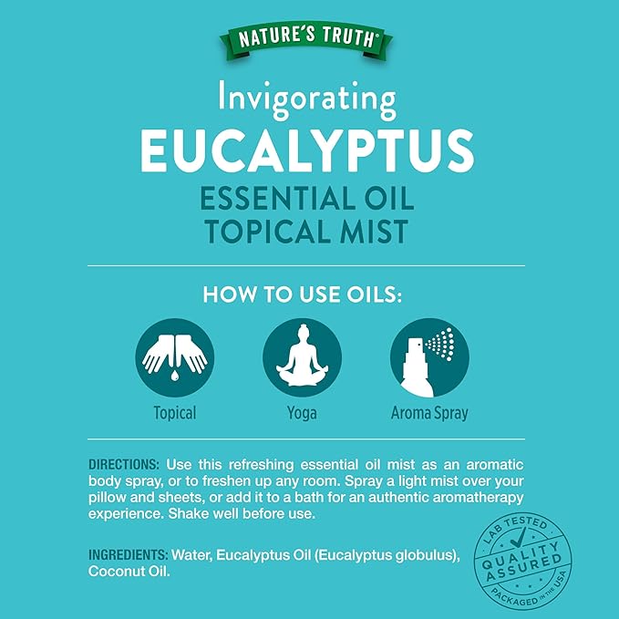 Nature's Truth Eucalyptus Mist Spray 2.4 fl oz | Pure Essential Oil for Aromatherapy