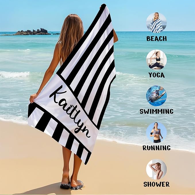 JML Personalized Beach Towel with Name, Custom Cabana Stripe Beach Towel, Customized Microfiber Pool Towel, Quick Dry & Absorbent Swim Towel for Adult,Anniversary, Birthday, Summer Holiday,Vacation