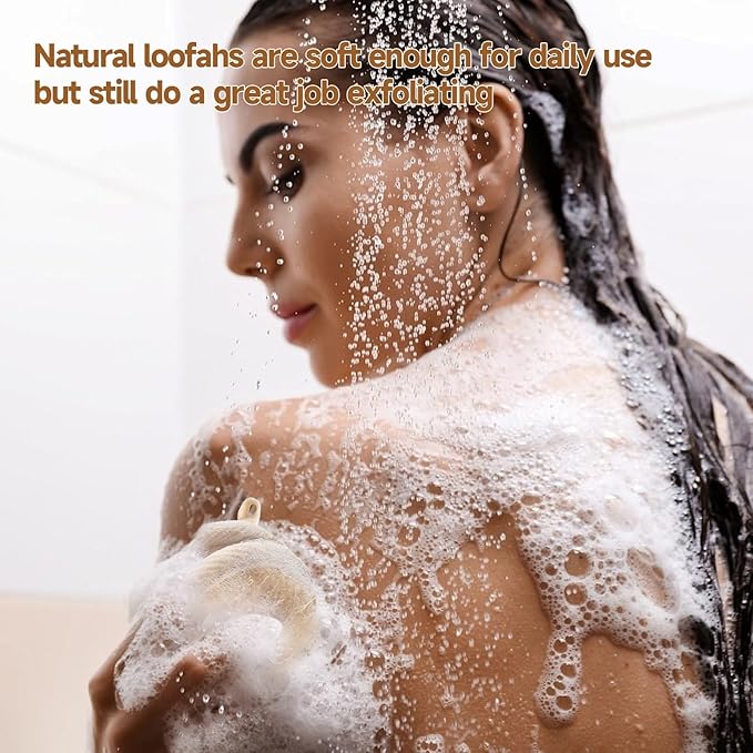 3 Pack Natural Loofah Exfoliating Body Scrubber, Biodegradable Bath Luffa Sponge, Loofas Body Scrub, Organic Loofah with Handle, Shower Loofah for Women