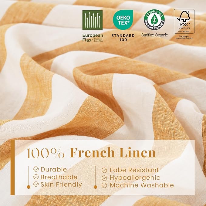 S VICTORY SYMBOL 100% Organic Linen Duvet Cover Set 3pcs,Yellow Stripe Yarn Dyed Pattern Farmhouse Bedding Set,French Natural Flax Comforter Cover Set Queen Size