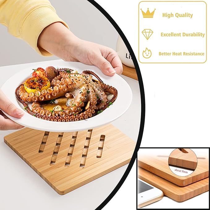 Bamboo Trivet,Hot Pads Trivet Natural Mat Set for Hot Dishes/Bowl/Teapot/Hot Pot Holders 4 Square 4 Roundness 2 Storage rackden