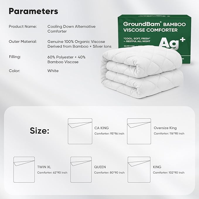 Cooling All-Season Down Alternative Comforter, Silver-Treated Lightweight Duvet Insert, Cool-to-The-Touch Bedding, 100% Bamboo Viscose Outer Cover - White, Queen