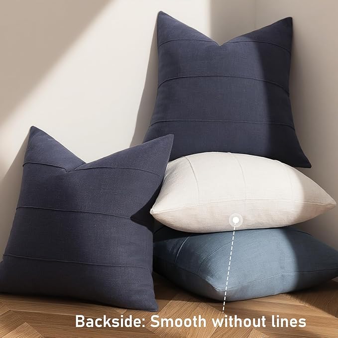 ZWJD Decorative Linen Throw Pillow Covers 24x24 Set of 2 Solid Handcrafted Striped Cushion Covers for Bed Soft Modern Farmhouse Neutral Pillowcase for Couch Bedroom Living Room Home Decor(Dark Navy)