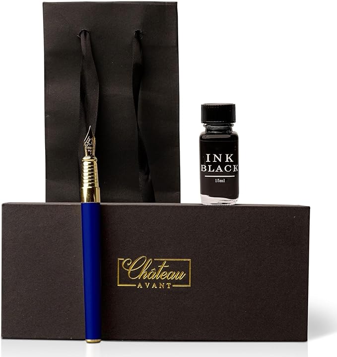 Château Avant Fountain Pen Set | Refillable Blue Fountain Pen with Black Ink Bottle, Fine Nib, and Converter | Smooth Writing Gift Set for Beginners, Men, and Women