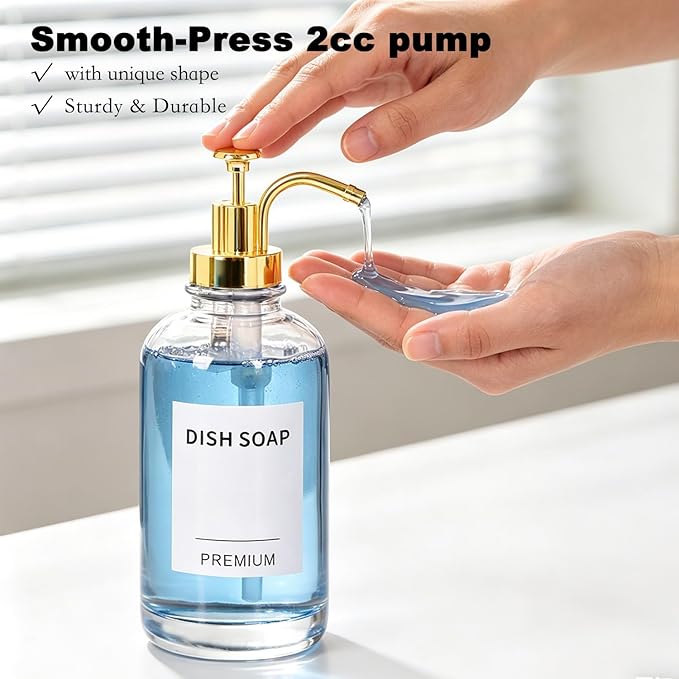 Dish Soap Dispenser for Kitchen, Hand Glass Soap Dispenser Set with Pump, Tray, Funnel for Bathroom, Shower, Laundry, Liquid, Lotion (Gold 2 Pack 18 Oz Clear Bottles with 12 Stickers)