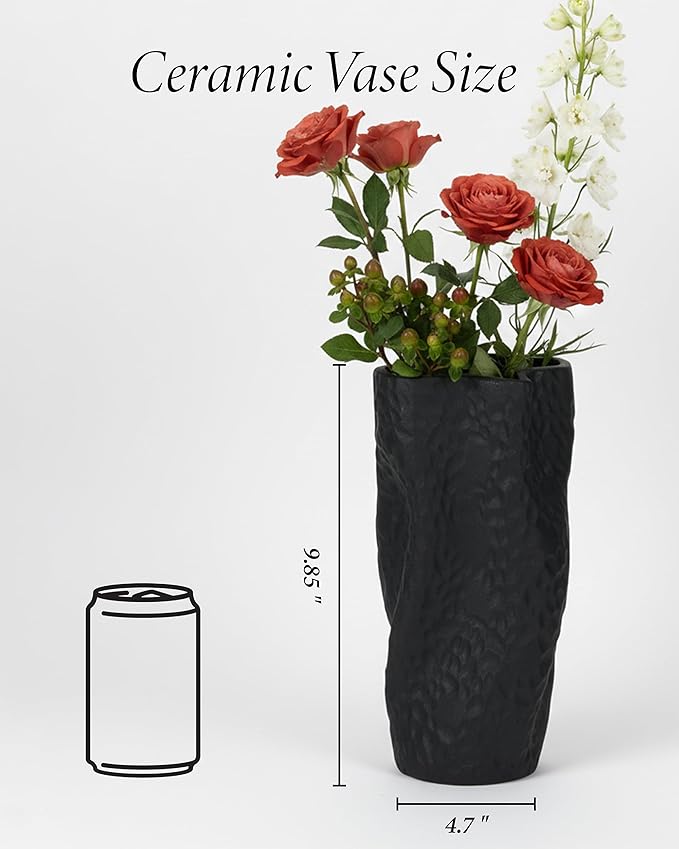Black Matte Ceramic Vase, 9.9 Inch Organic Nature Shape, OOSTONEE Modern Wabi Sabi Decor Gothic Unique Flower Vase for Home, Living Room, Bedroom, Dining Table, Centerpiece Decor