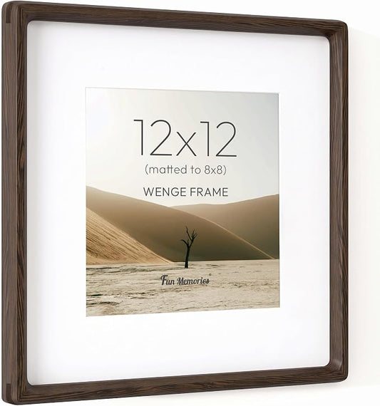 Fun Memories 12x12 Frame, Natural Wenge Wood Photo Frames with HD Tempered Glass, Handcrafted Rounded Corner Square Wooden Frames Matted to 8x8 Photos, 12x12 Picture Frame, Tabletop or Wall Display
