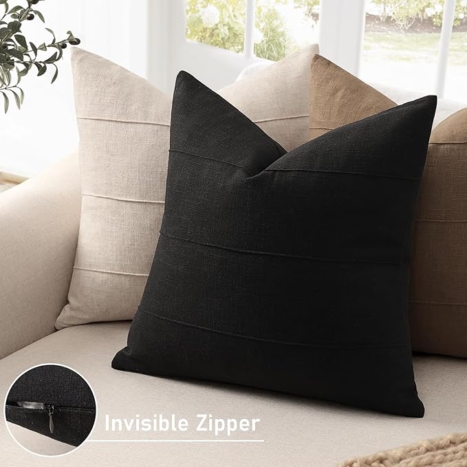 ZWJD Decorative Linen Throw Pillow Covers 24x24 Set of 2 Solid Handcrafted Striped Cushion Covers for Bed Soft Modern Farmhouse Neutral Pillowcase for Couch Bedroom Living Room Home Decor(Black)
