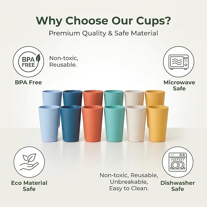 12 Pack Premium Wheat Straw Cups, 6 Pcs 20 oz & 6 Pcs 10 oz Unbreakable Drinking Cups, Alternative to Plastic Cups Sets, Reusable Water Glasses Tumbler, Microwave & Dishwasher Safe, Bpa Free, 6 Colors