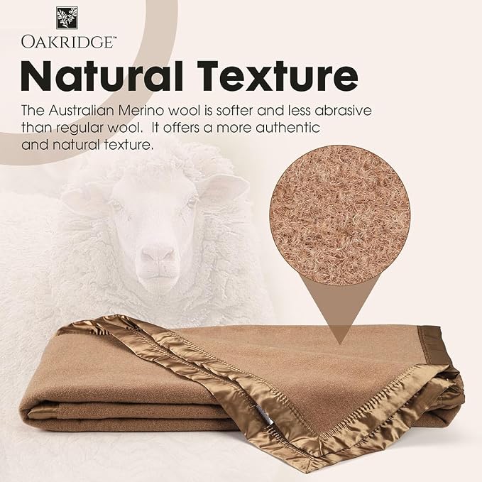 OakRidge Heirloom Merino Wool Blanket – 100% Australian Wool with Vintage Satin Edges – Breathable, Odor-Resistant, All-Season Bedding in King Size – Tan Cozy Throw for Home or Travel