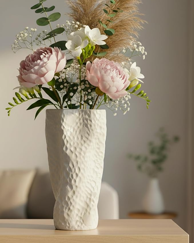 White Matte Ceramic Vase, 9.9 Inch Organic Nature Trunk Shape, OOSTONEE Modern Wabi Sabi Unique Flower Vase for Home, Living Room, Bedroom, Dining Table, Centerpiece Decor