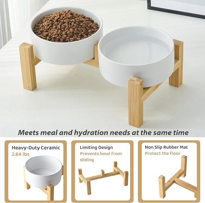 Elevated Ceramic Dog Bowl Set - Raised Dog Bowls with Non Slip Bamboo Stand, Food and Water Bowl Set for Kitty, Cats and Toy Breed Dogs, Pet Bowls, Weighted Dogs Dishes (5.1'', 2*16OZ, White)