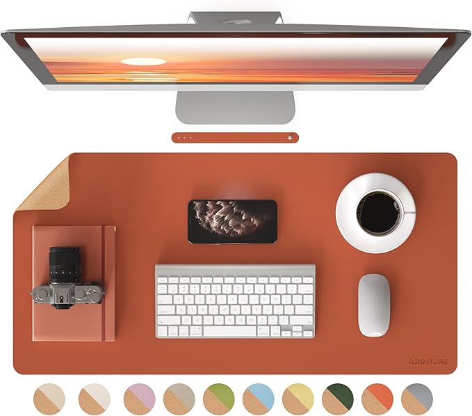 RENMTURE Dual-Sided Large Desk Pad, Faux Leather Natural Cork Mouse pad, Desk Accessories Protector, for Office and Home Work (Orange, 32"x16")