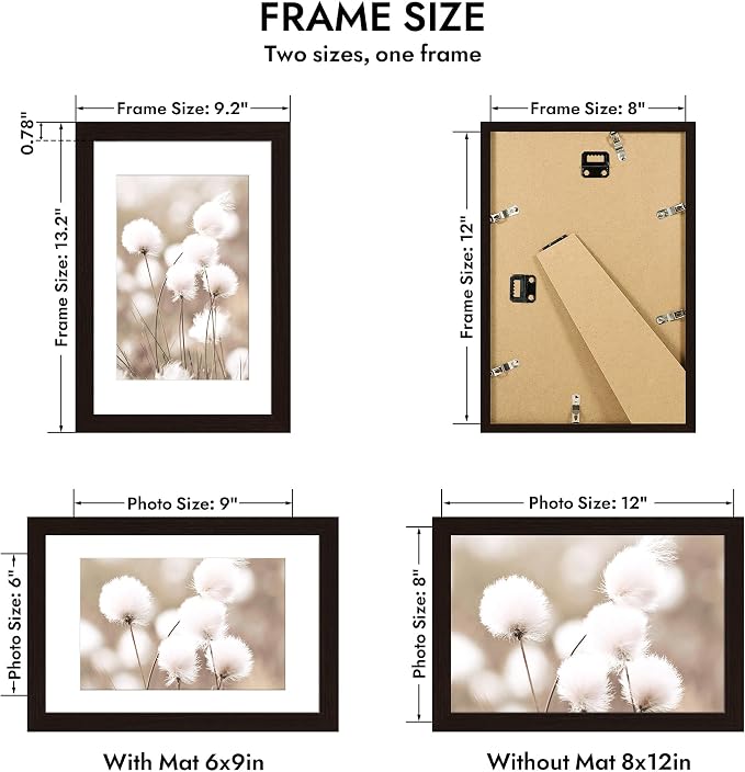 Hongkee 8x12 Oak Wood Picture Frame 1 Pack(Matted 6x9), Real Glass Cover | Black, 8 x 12 Solid Wood Frame for Wall or Tabletop Display - Includes Easel Back, Vertical Hang - Ideal for Home, Office