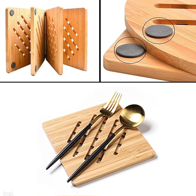 Bamboo Trivet,Hot Pads Trivet Natural Mat Set for Hot Dishes/Bowl/Teapot/Hot Pot Holders 4 Square 4 Roundness 2 Storage rackden