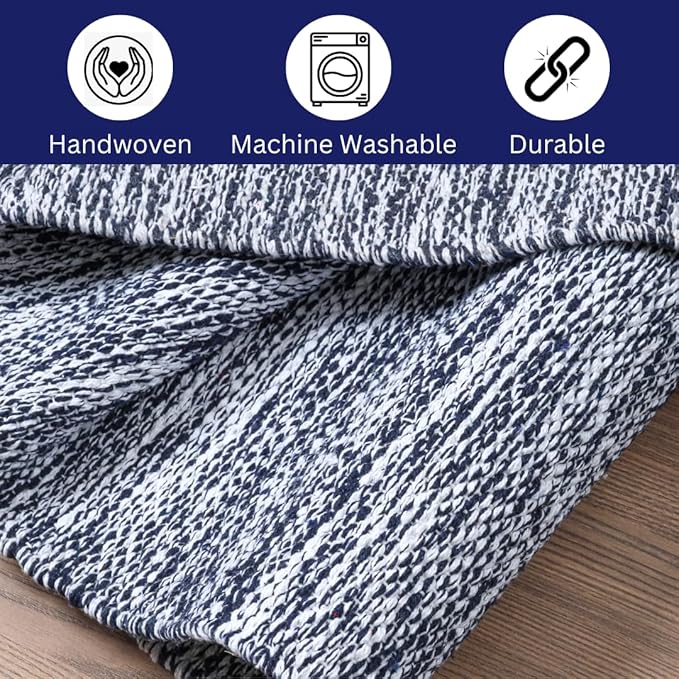 Hand Woven Area Rug 3x5 Feet - Rustic Farmhouse Bohemian Accent Rug for Living Room Bedroom Kitchen Entryway Floor Mats - Ideal for High Traffic Areas 100% Cotton Rag Rug Blue