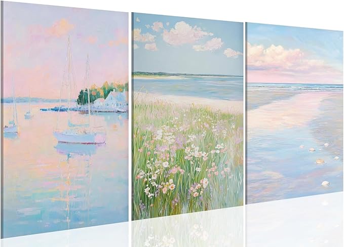 HUYKON Coastal Pink Wall Art Set of 3 Maximalist Ocean & Beach Landscape Canvas Poster Trendy Sailboats Flowers Sunset Painting Pastel Picture Prints for Bedroom Home Decor 12x18inch Wrapped Frame