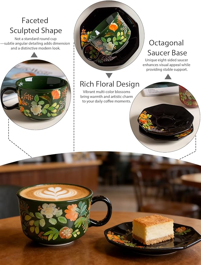 Green Floral Coffee Cup and Saucer Set, 9.5 oz (280ml) Ceramic Tea Cup with Saucer, Glossy Finish Botanical Mug for Espresso, Cappuccino, Latte, Home Kitchen, Office Gift