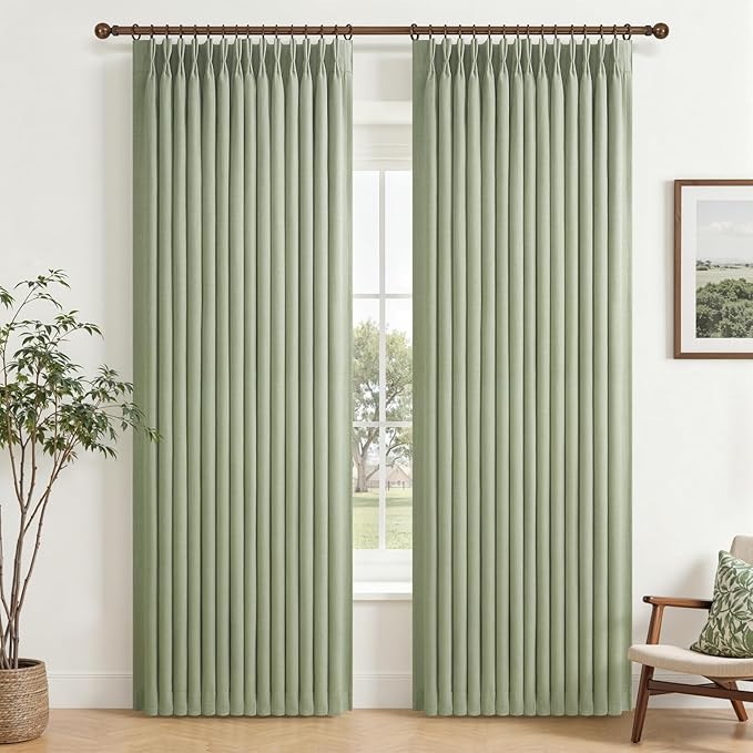 Custom Memory Trained Pleated Office Curtains 78 Inches Long, Light Green Blackout Double Layer Thick Linen Thermal Drapes Noise Reducing Privacy Country Windows Curtain 2 Panels Set Energy Efficient