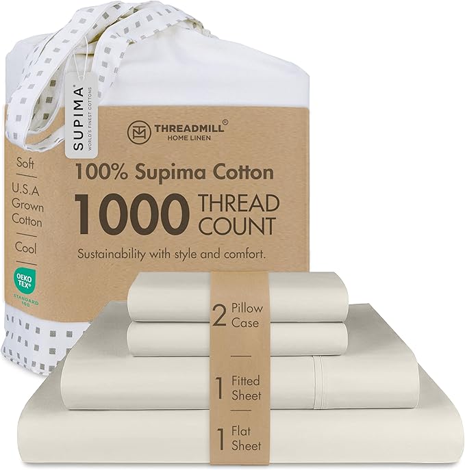 Threadmill California King Sheets, Certified American Supima Cotton Sheets, 1000 Thread Count Hotel Quality, 4 Piece Luxury Bed Sheets Set with Elasticized Extra Deep Pocket, Taupe