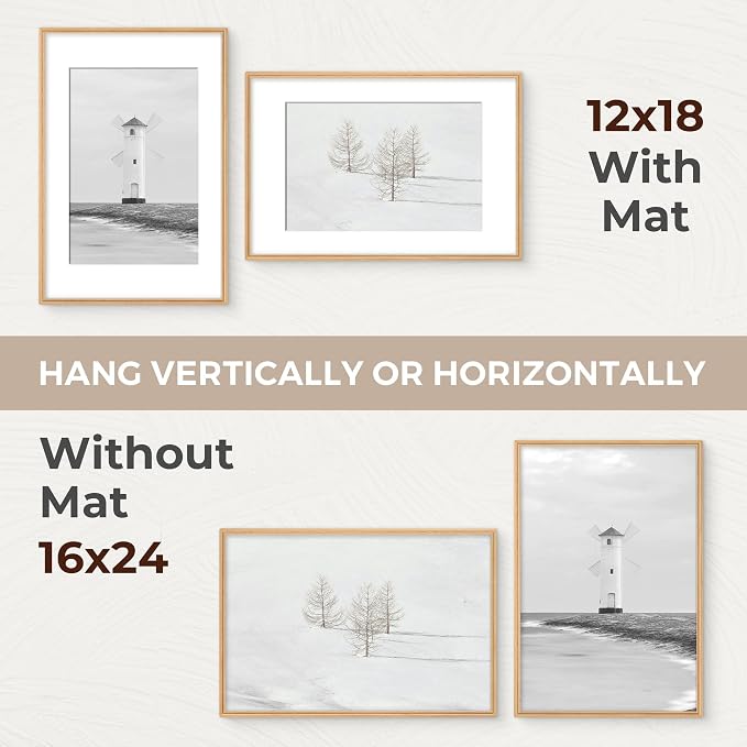 16x24 Picture Frame with Mat for 12x18, USA-Sourced Beech Wood Handcrafted Rounded Corner with HD Tempered Glass, 16 x 24 Gallery Wall Frames for Posters & Art Prints, Vertically or Horizontally