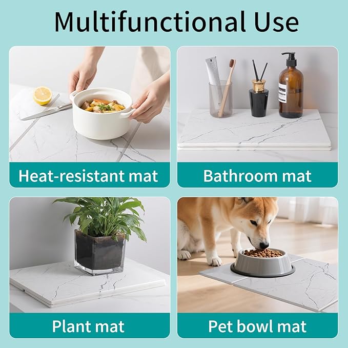 Stone Dish Drying Mat for Kitchen Counter, Quick Dry Dishes Pad,Foldable Water Absorbent Diatomaceous Earth for Bottles Cups Dishes Drying Mats,24" x 15" Non-Slip Pad for Bathroom
