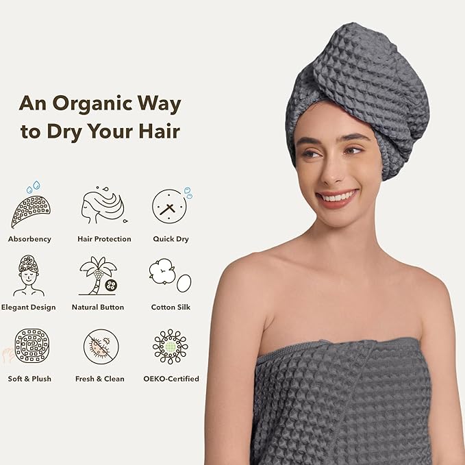 Luxury Organic Japanese Cotton Hair Drying Waffle Towel Wrap for Women | Absorbent, Quick-Dry Head Turban for Shower, Sauna, Spa | Extra Large for Long, Curly, Straight Hair With Button (Grey, 2 Pc)