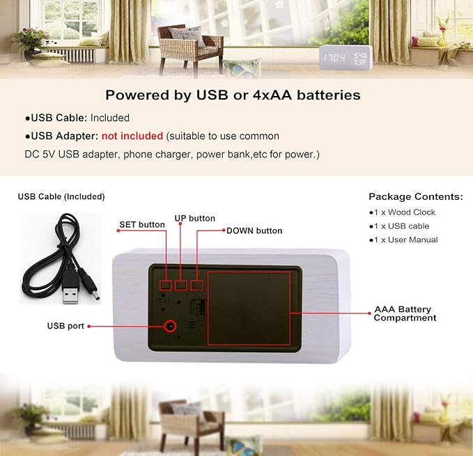 Alarm Clock Wood Digital Clock for Bedroom Snooze Modern LED Desk Clock Display Time Temperature Humidity Brightness Adjustable for Kids Teens Home Office White