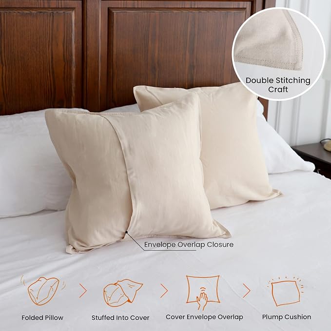 Simple&Opulence Linen Throw Pillow Covers 18x18 Inch Set of 2 Flax Cotton Blend Solid Color Decorative Square Cushion Cover for Couch Sofa Office Soft Breathable Farmhouse - Linen/Beige