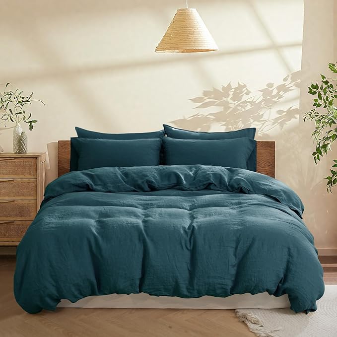 S VICTORY SYMBOL 100% Organic Linen Duvet Cover Set 3 Pieces,Pure Natural French Flax Bedding Set,1 Comforter Cover and 2 Pillowcases,Solid Color Bedding Full Size(Sea Blue)