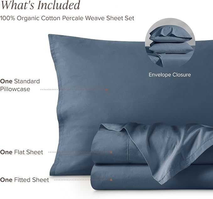 Bare Home 100% Organic Cotton Twin XL Sheet Set - Crisp Percale Weave - Lightweight & Breathable - Bedding Sheets & Pillowcases (Twin XL, Bering Sea)