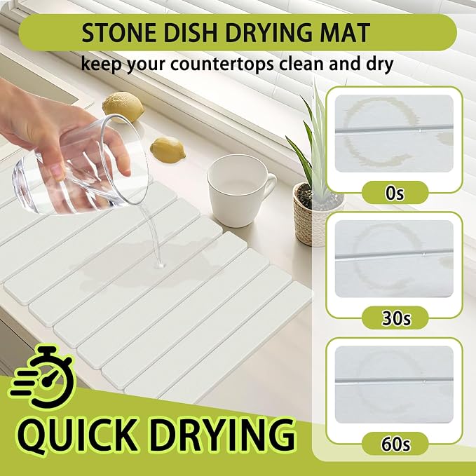 Stone Drying Mat for Kitchen Counter,23.6(L)x15.3(W) Collapsible Quick Drying Dish Mats for Kitchen Counter & Bathroom,Ultra Absorbent Diatomaceous Earth Dish Drying Mat for Dishes Cookware Cups