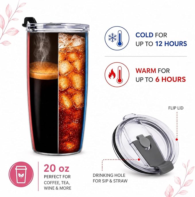Stainless Steel Flower Cup with Lid, Women Birthday Gifts for Mom Friend Coworkers Teacher Sister Girlfriend Her, 20oz Vacuum Insulated Wine Tumbler, Coffee Travel Mug for Thanksgiving Christmas