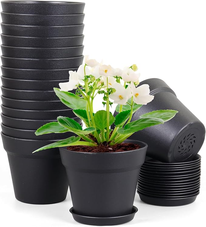 Meowell 4 inch Small Plastic Nursery Pots, 16 Pack Plant Pots for Indoor Outdoor Plants, Flower Pots with Drainage Holes and Saucers, Decorative Seedling Starter Planters for House Plants, Black