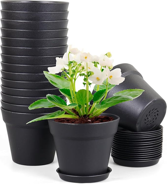 Meowell 4 inch Small Plastic Nursery Pots, 16 Pack Plant Pots for Indoor Outdoor Plants, Flower Pots with Drainage Holes and Saucers, Decorative Seedling Starter Planters for House Plants, Black