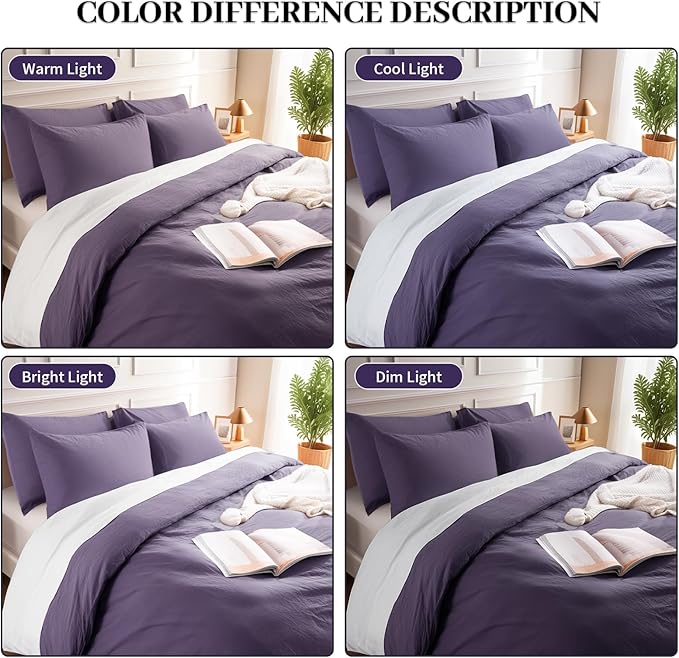 NEXHOME PRO 100% Washed Cotton Duvet Cover King Size, Ogranic Natural Linen Feel Breathable Bedding Set with Zipper Closure, 3 Pieces Duvet Cover Set Eggplant (No Comfortert) 10490