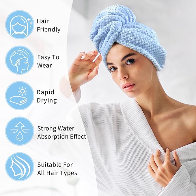 my novel things 3 Pack Microfiber Hair Towel Wrap for Women 25.4"x9.8", Super Absorbent Hair Towel Wrap, Quick Dry Hair Towels with Button for Curly Hair Anti Frizz (Blue,Green,Gray)