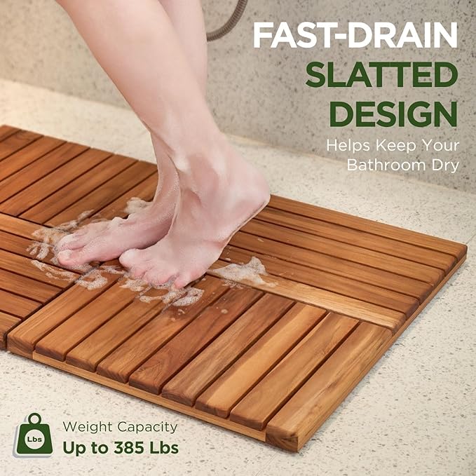Premium 32"x21" Solid Teak Shower Mat, Extra Large Foldable Teak Bath Mat, Fast-Drain Slatted Design, Non-Slip Feet, Quick Dry for Bathroom, Door, Sauna, Indoor & Outdoor, 385 Lbs Capacity